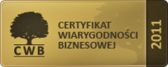 Lipiec 2012r - przyznanie Certyfikatu Wiarygodności Biznesowej, wydanym przez wywiadownię gospodarczą Dun&Bradstreet Poland