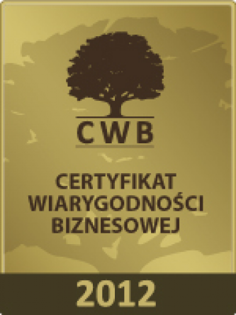 Październik 2012r - przyznanie Certyfikatu Wiarygodności Biznesowej, wydanym przez wywiadownię gospodarczą Dun&Bradstreet Poland 